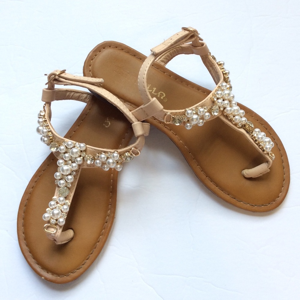 Rhinestone & pearl beaded flat sandals